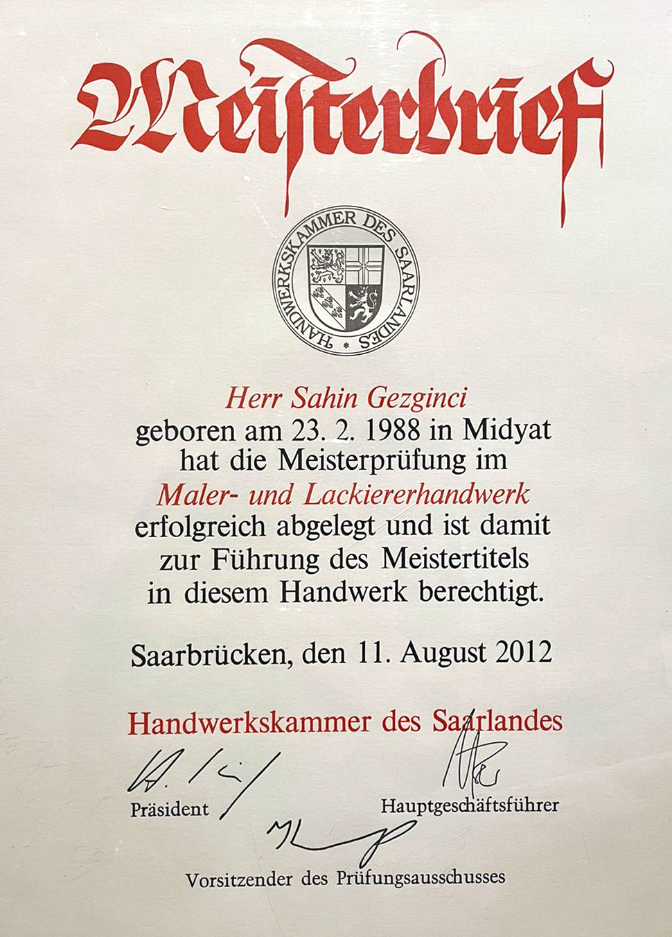 zertifikat SG-Malerei Gezginci in Ensdorf, Saarlouis, Saar